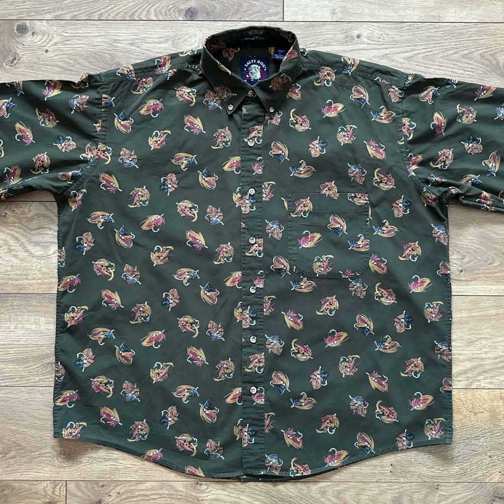 Salty Dog Fishing Shirt | Men’s L | Olive Lure Print Button Down | Vintage